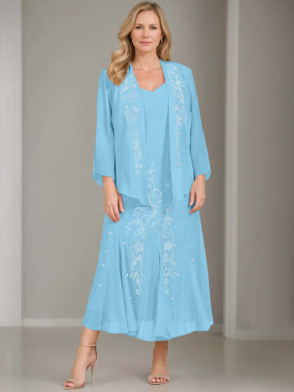 V-Neck A-Line Princess Two-Piece Plus Size Mother of the Bride Dress with Jacket and Sequins in Tea-Length