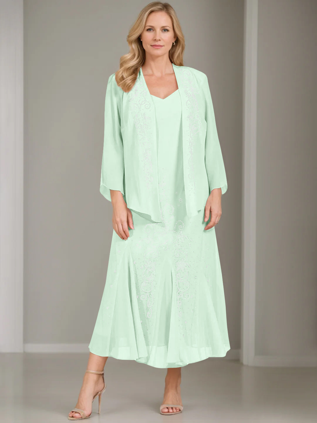 V-Neck A-Line Princess Two-Piece Plus Size Mother of the Bride Dress with Jacket and Sequins in Tea-Length