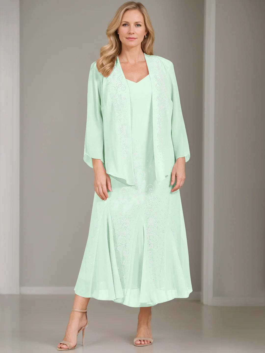 V-Neck A-Line Princess Two-Piece Plus Size Mother of the Bride Dress with Jacket and Sequins in Tea-Length