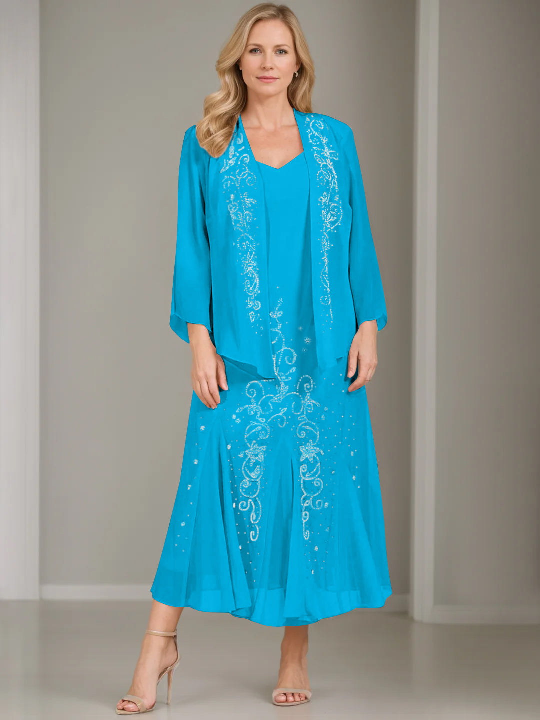 V-Neck A-Line Princess Two-Piece Plus Size Mother of the Bride Dress with Jacket and Sequins in Tea-Length