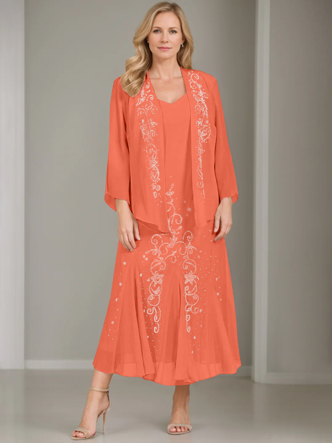 V-Neck A-Line Princess Two-Piece Plus Size Mother of the Bride Dress with Jacket and Sequins in Tea-Length