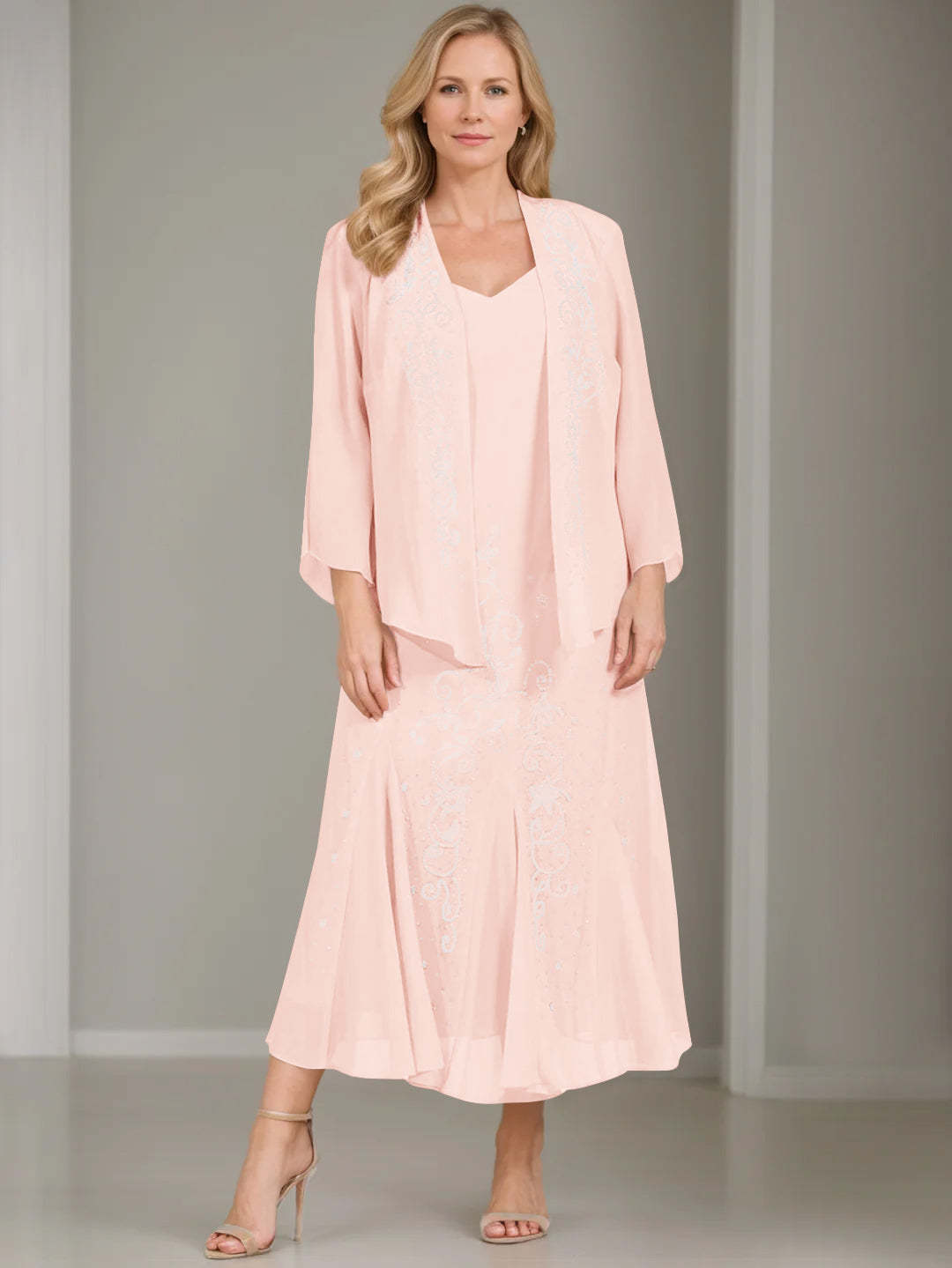 V-Neck A-Line Princess Two-Piece Plus Size Mother of the Bride Dress with Jacket and Sequins in Tea-Length