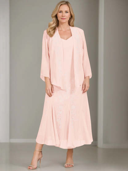 V-Neck A-Line Princess Two-Piece Plus Size Mother of the Bride Dress with Jacket and Sequins in Tea-Length