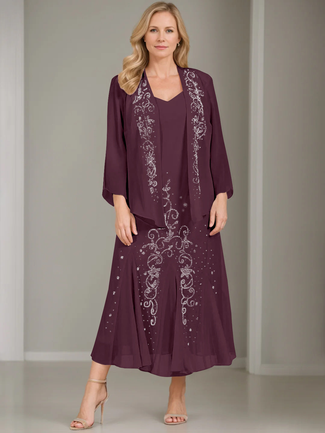 V-Neck A-Line Princess Two-Piece Plus Size Mother of the Bride Dress with Jacket and Sequins in Tea-Length