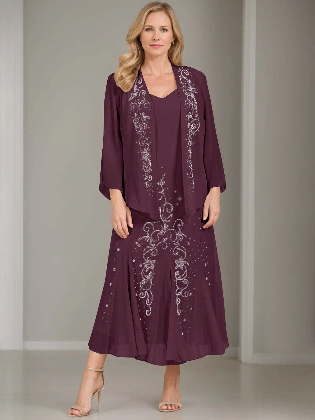 V-Neck A-Line Princess Two-Piece Plus Size Mother of the Bride Dress with Jacket and Sequins in Tea-Length