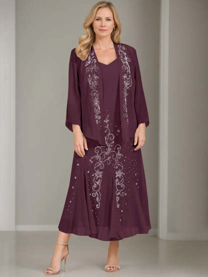 V-Neck A-Line Princess Two-Piece Plus Size Mother of the Bride Dress with Jacket and Sequins in Tea-Length