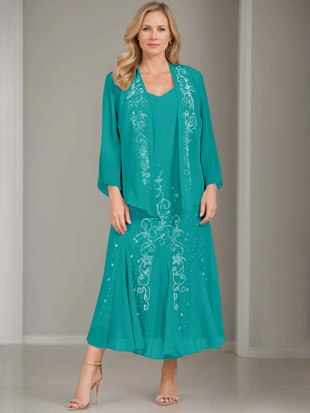 V-Neck A-Line Princess Two-Piece Plus Size Mother of the Bride Dress with Jacket and Sequins in Tea-Length