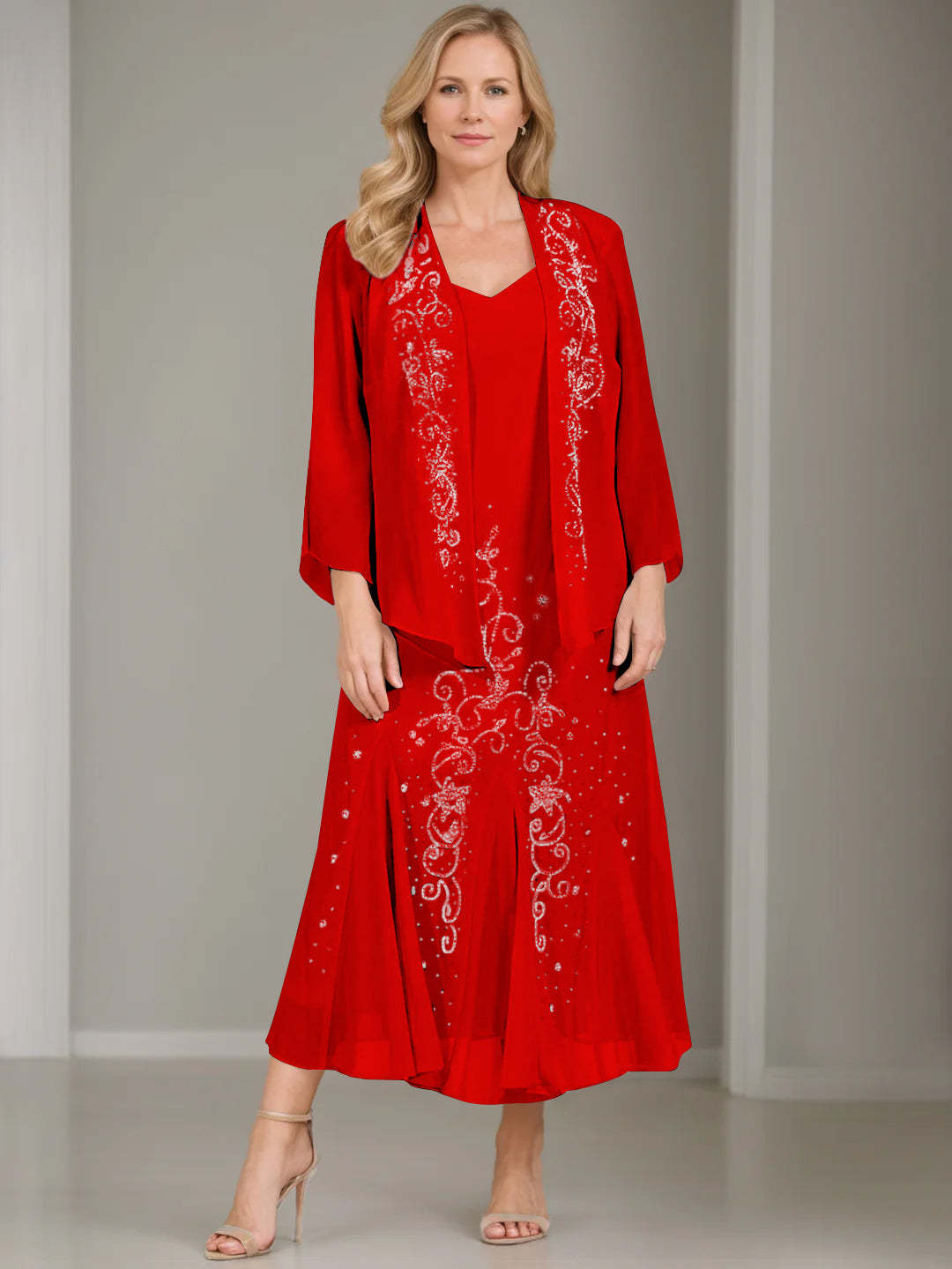 V-Neck A-Line Princess Two-Piece Plus Size Mother of the Bride Dress with Jacket and Sequins in Tea-Length