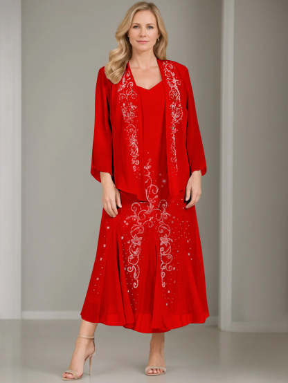 V-Neck A-Line Princess Two-Piece Plus Size Mother of the Bride Dress with Jacket and Sequins in Tea-Length
