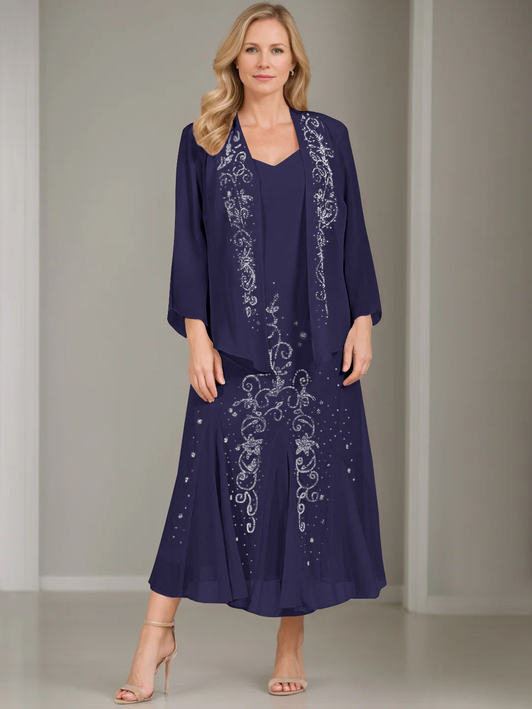 V-Neck A-Line Princess Two-Piece Plus Size Mother of the Bride Dress with Jacket and Sequins in Tea-Length