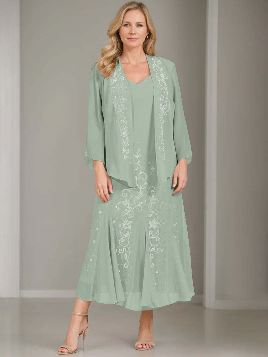 V-Neck A-Line Princess Two-Piece Plus Size Mother of the Bride Dress with Jacket and Sequins in Tea-Length