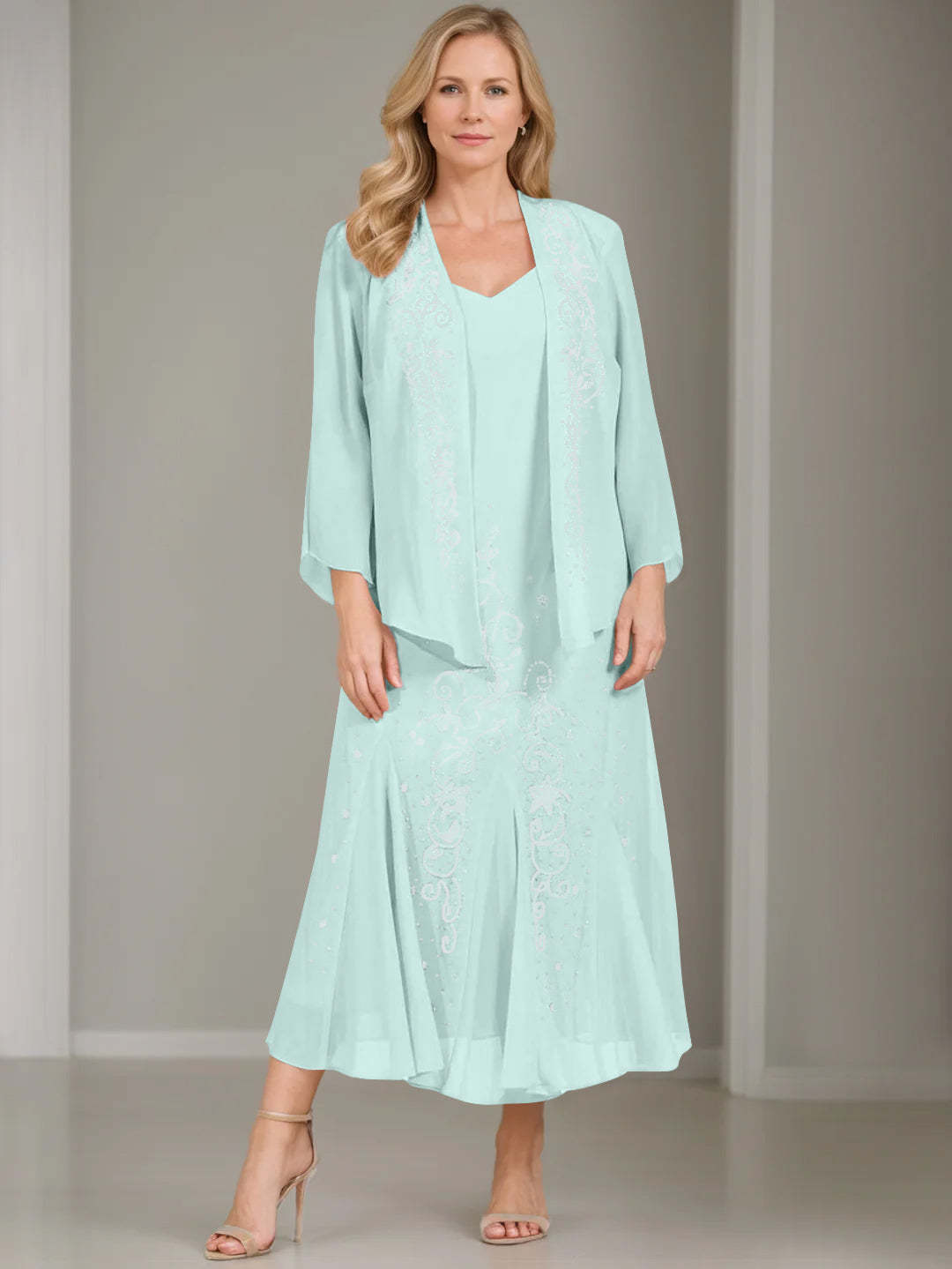 V-Neck A-Line Princess Two-Piece Plus Size Mother of the Bride Dress with Jacket and Sequins in Tea-Length