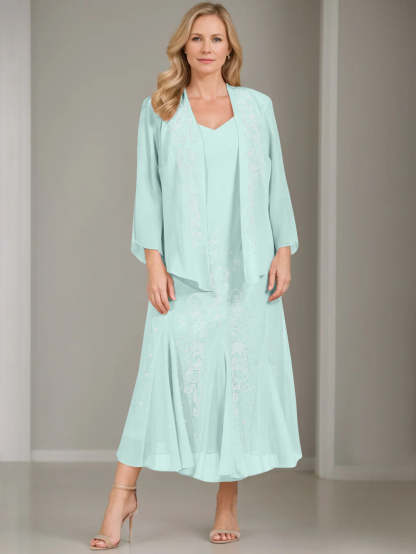 V-Neck A-Line Princess Two-Piece Plus Size Mother of the Bride Dress with Jacket and Sequins in Tea-Length