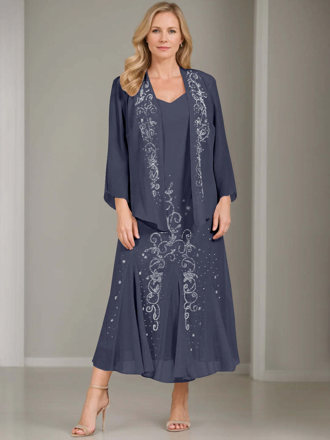 V-Neck A-Line Princess Two-Piece Plus Size Mother of the Bride Dress with Jacket and Sequins in Tea-Length
