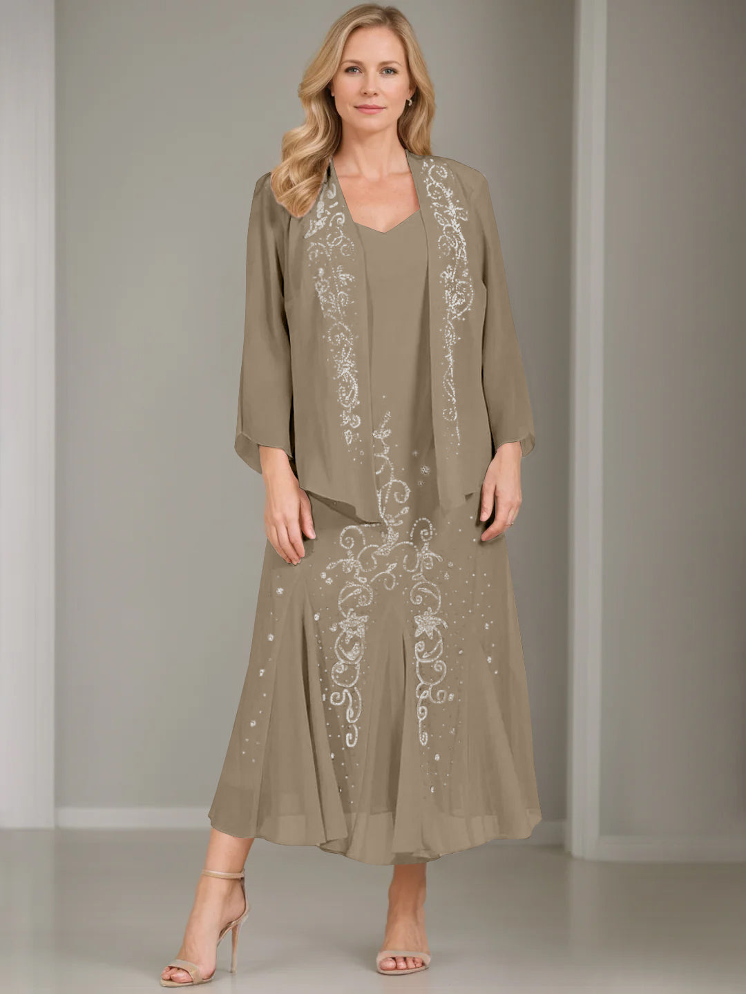 V-Neck A-Line Princess Two-Piece Plus Size Mother of the Bride Dress with Jacket and Sequins in Tea-Length