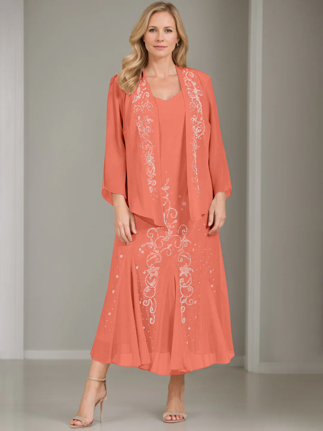 V-Neck A-Line Princess Two-Piece Plus Size Mother of the Bride Dress with Jacket and Sequins in Tea-Length