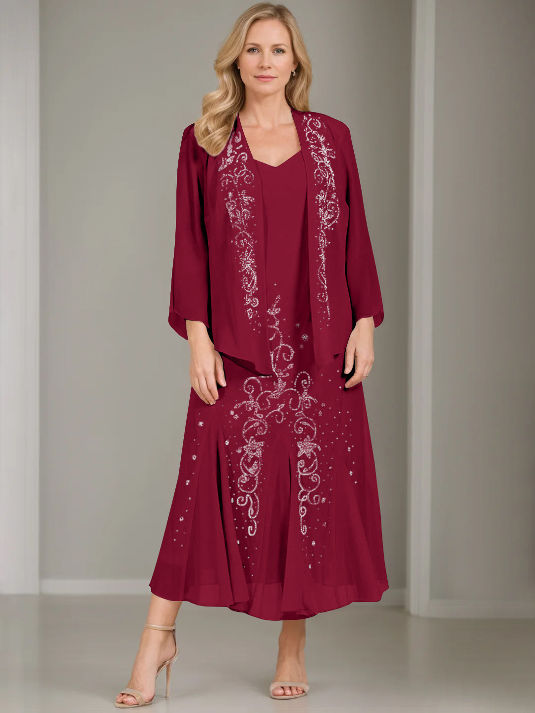 V-Neck A-Line Princess Two-Piece Plus Size Mother of the Bride Dress with Jacket and Sequins in Tea-Length