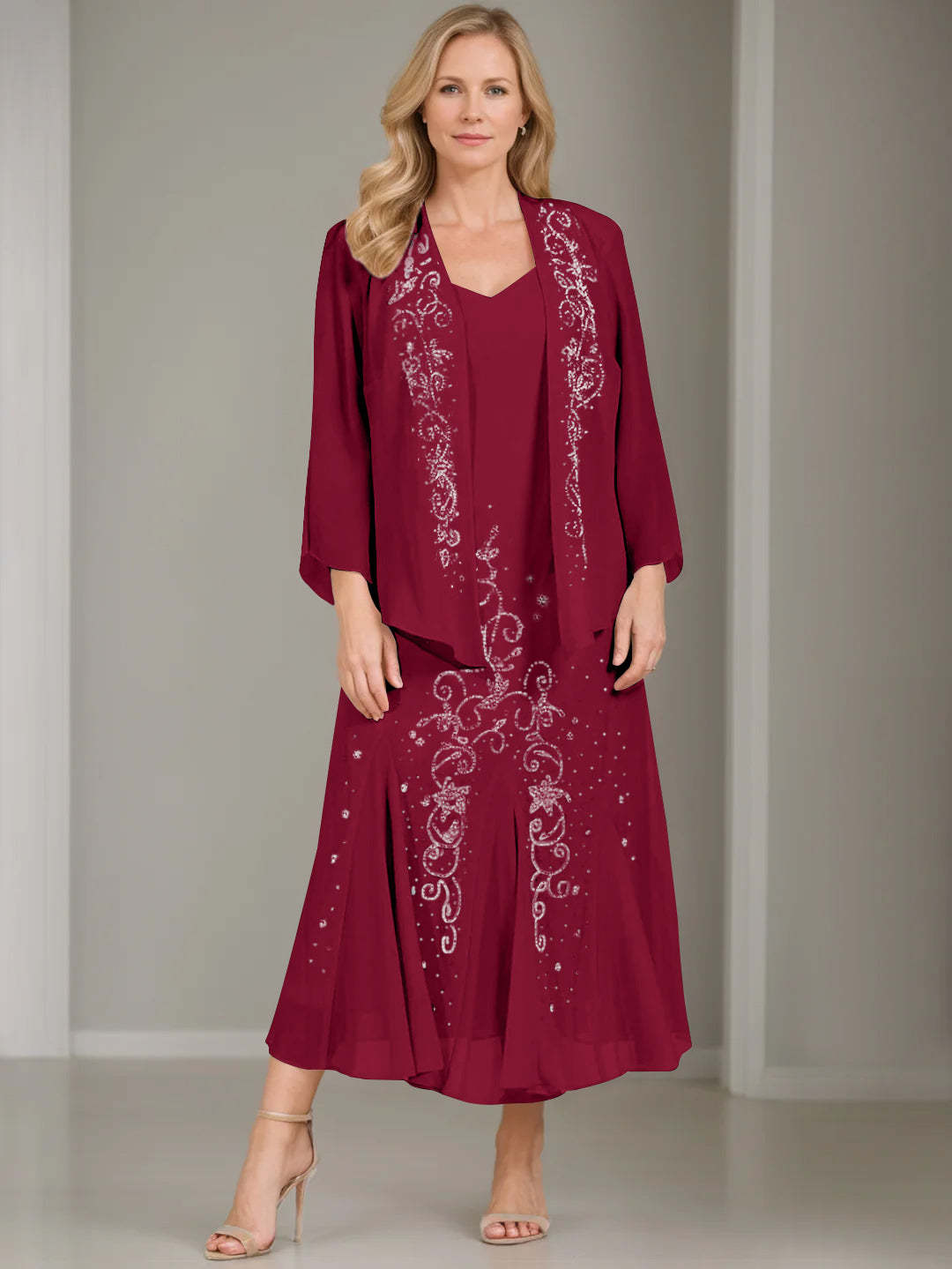 V-Neck A-Line Princess Two-Piece Plus Size Mother of the Bride Dress with Jacket and Sequins in Tea-Length