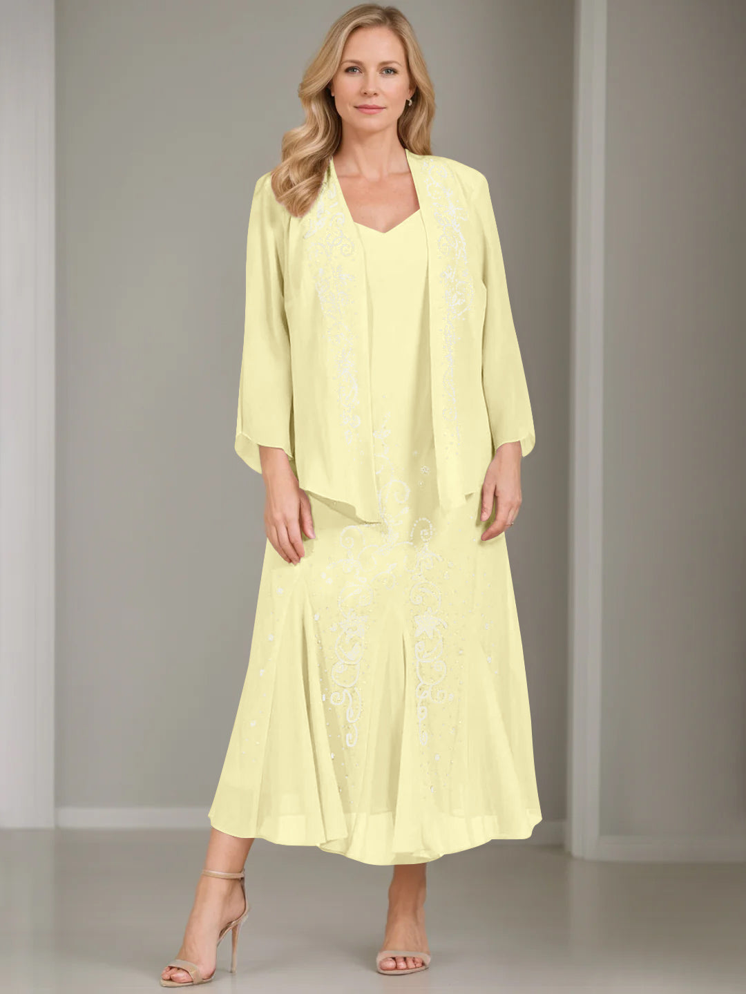 V-Neck A-Line Princess Two-Piece Plus Size Mother of the Bride Dress with Jacket and Sequins in Tea-Length