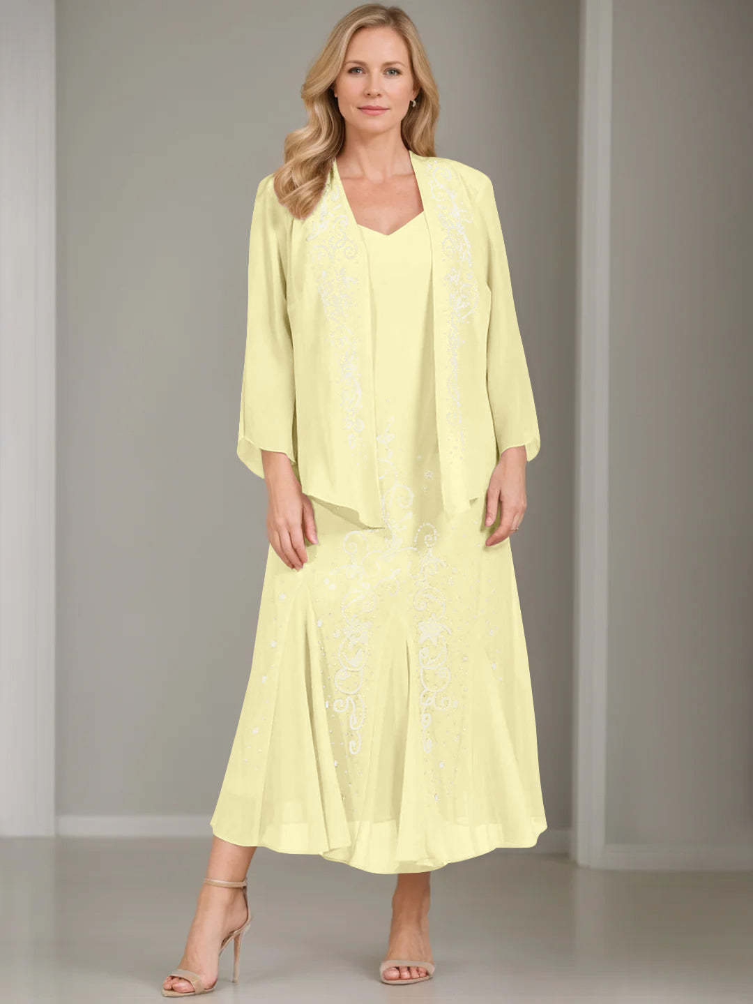V-Neck A-Line Princess Two-Piece Plus Size Mother of the Bride Dress with Jacket and Sequins in Tea-Length