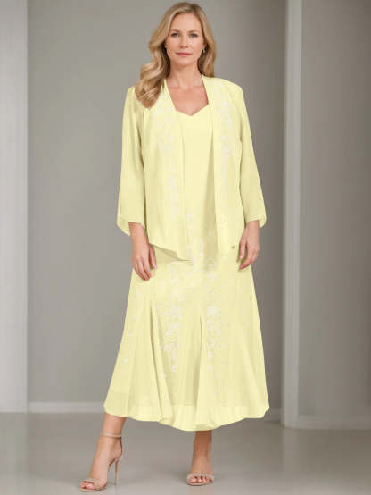 V-Neck A-Line Princess Two-Piece Plus Size Mother of the Bride Dress with Jacket and Sequins in Tea-Length