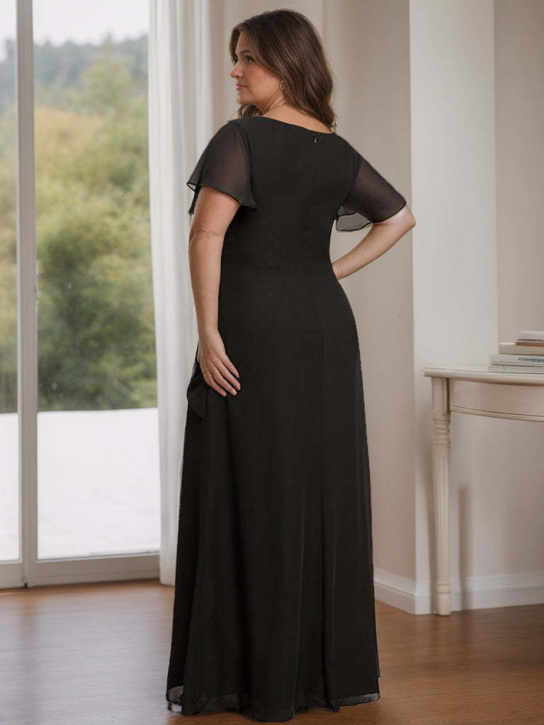 Plus Size Floor-Length A-Line Mother of the Bride Dress with Ruffles Round Neck and Short Sleeves