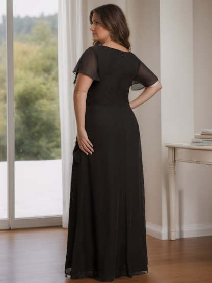 Plus Size Floor-Length A-Line Mother of the Bride Dress with Ruffles Round Neck and Short Sleeves