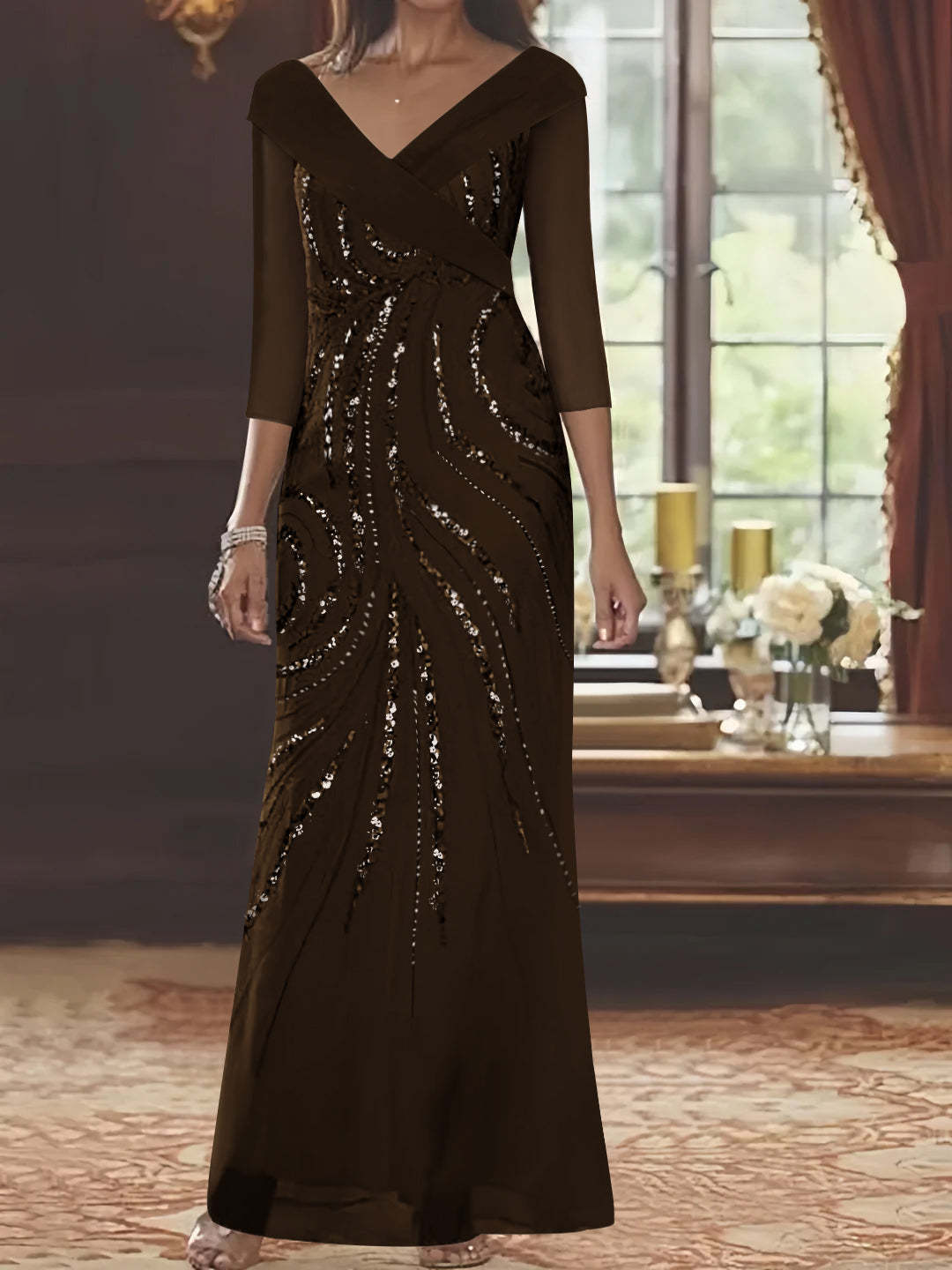 V-Neck 3/4 Sleeve Floor-Length Sequined Mother of the Bride Sheath Dress
