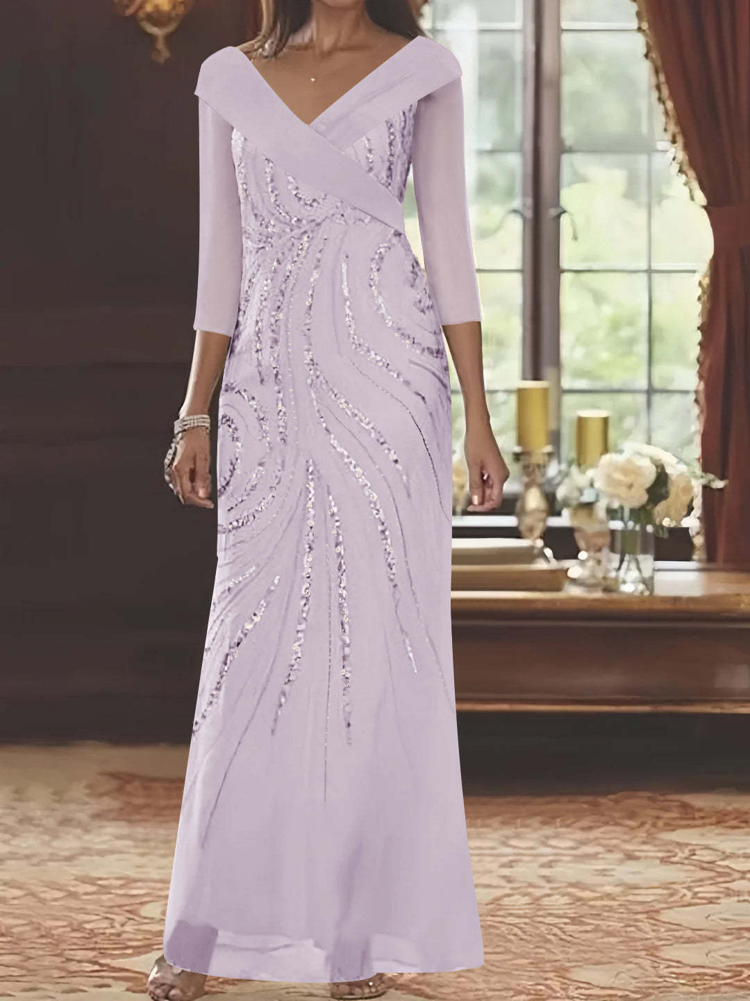 V-Neck 3/4 Sleeve Floor-Length Sequined Mother of the Bride Sheath Dress