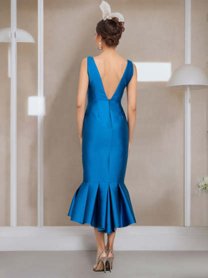 Tea-Length Mother of the Bride Dresses with Buttons Jewel Neck and Half Sleeves in Mermaid/Trumpet Style