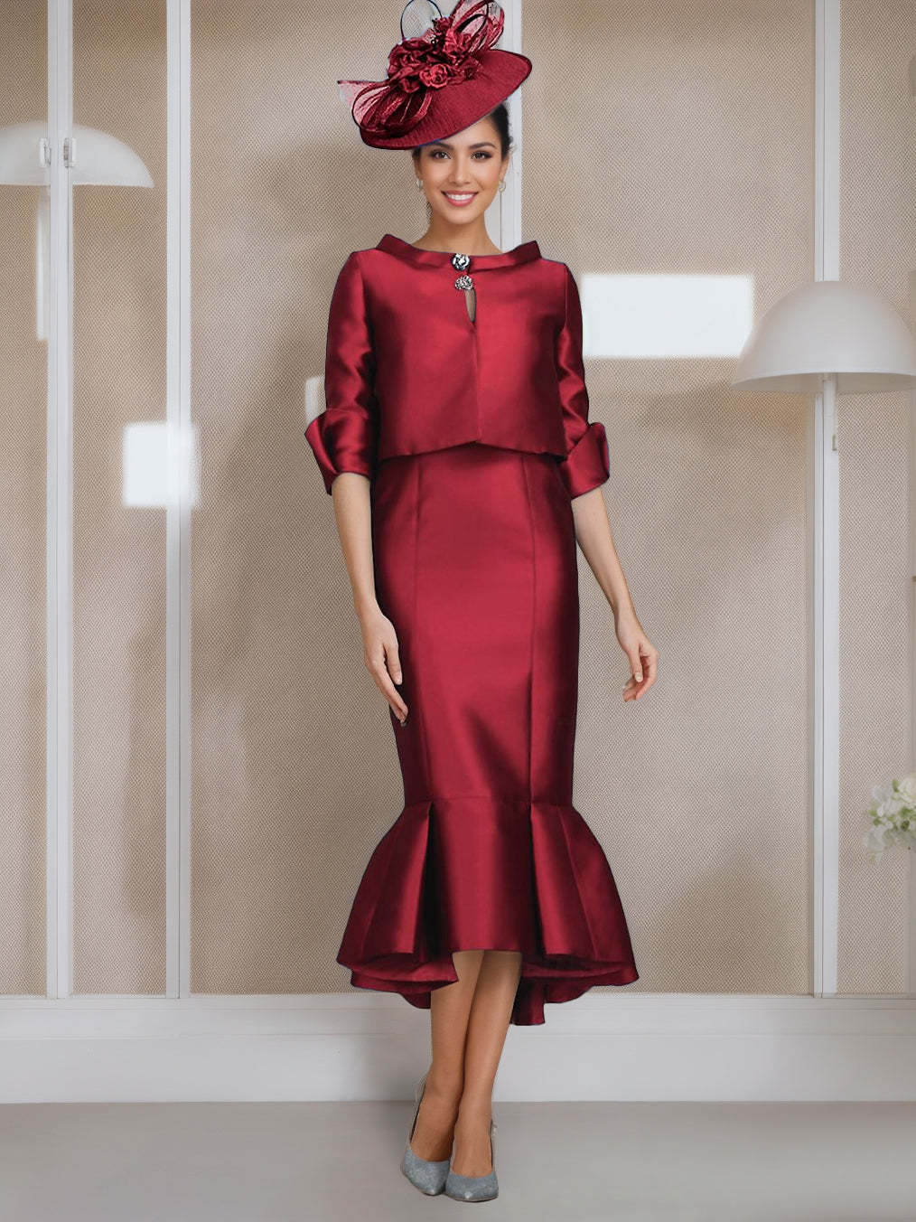 Tea-Length Mother of the Bride Dresses with Buttons Jewel Neck and Half Sleeves in Mermaid/Trumpet Style
