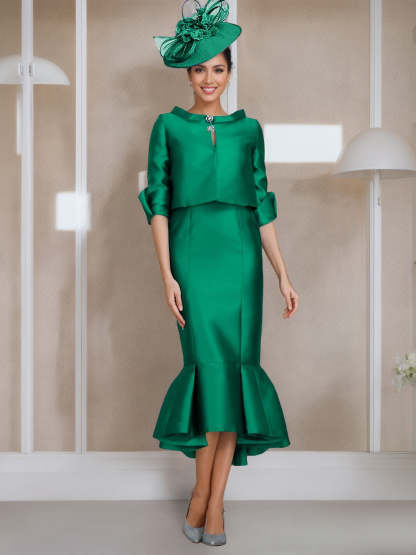 Tea-Length Mother of the Bride Dresses with Buttons Jewel Neck and Half Sleeves in Mermaid/Trumpet Style