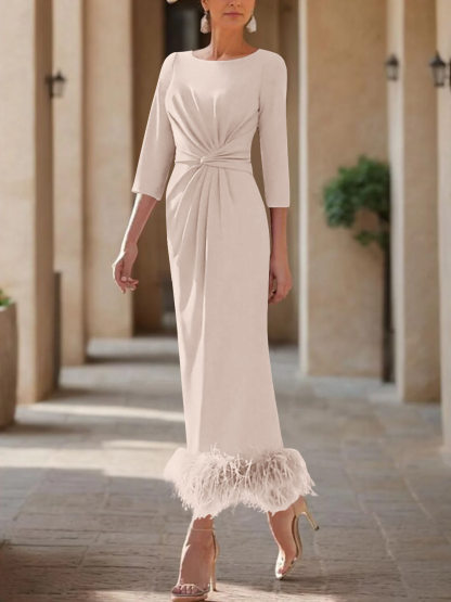 Elegant Feather-Adorned Scoop Neck Ankle-Length Dress for Mothers of the Bride & Groom