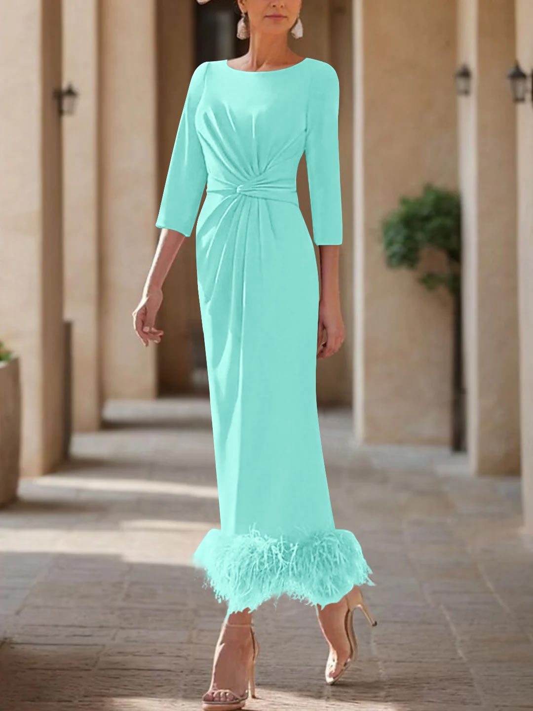 Elegant Feather-Adorned Scoop Neck Ankle-Length Dress for Mothers of the Bride & Groom