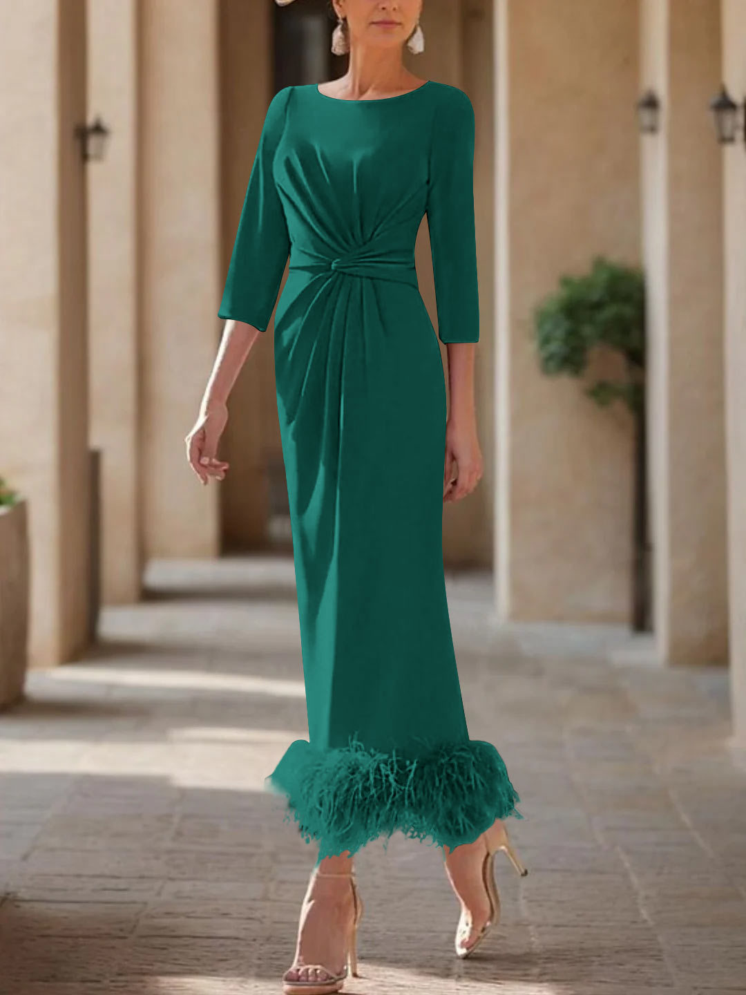 Elegant Feather-Adorned Scoop Neck Ankle-Length Dress for Mothers of the Bride & Groom