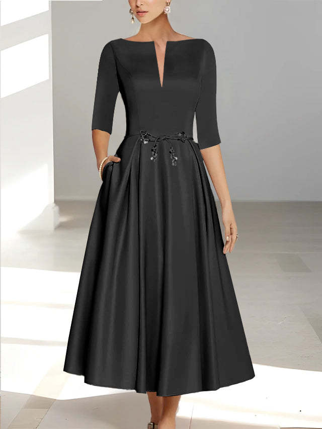 Ankle-Length Mother of the Bride A-Line Dress with Half Sleeves and Pockets