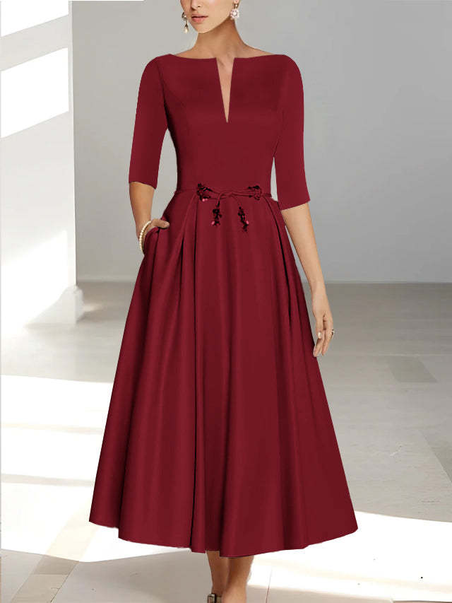 Ankle-Length Mother of the Bride A-Line Dress with Half Sleeves and Pockets