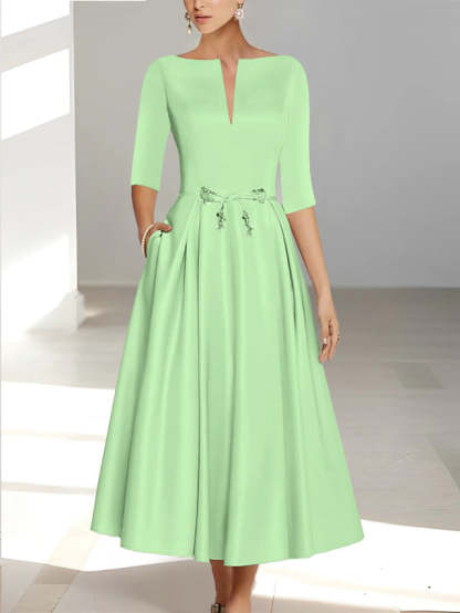 Ankle-Length Mother of the Bride A-Line Dress with Half Sleeves and Pockets