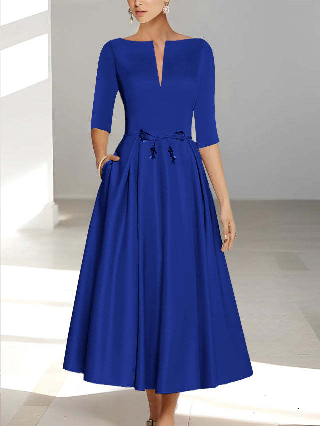 Ankle-Length Mother of the Bride A-Line Dress with Half Sleeves and Pockets