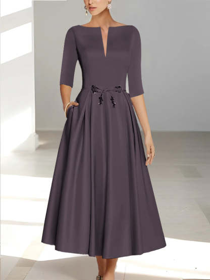 Ankle-Length Mother of the Bride A-Line Dress with Half Sleeves and Pockets