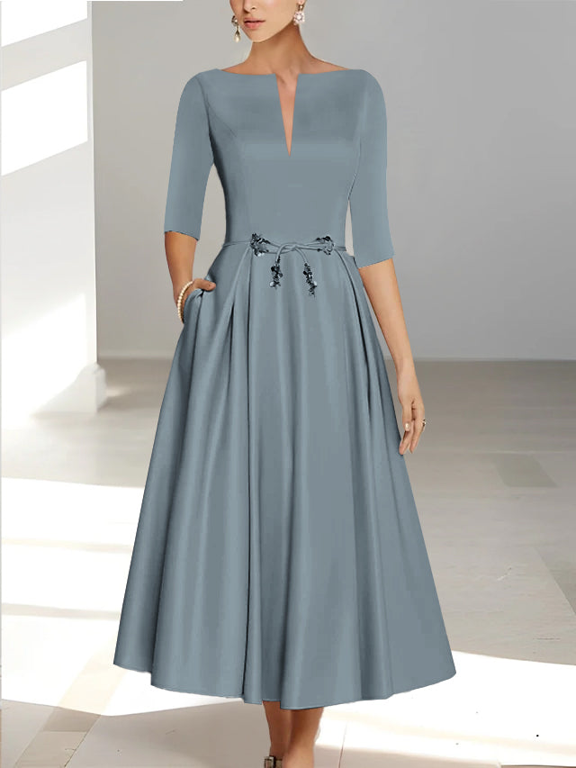 Ankle-Length Mother of the Bride A-Line Dress with Half Sleeves and Pockets