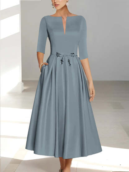 Ankle-Length Mother of the Bride A-Line Dress with Half Sleeves and Pockets