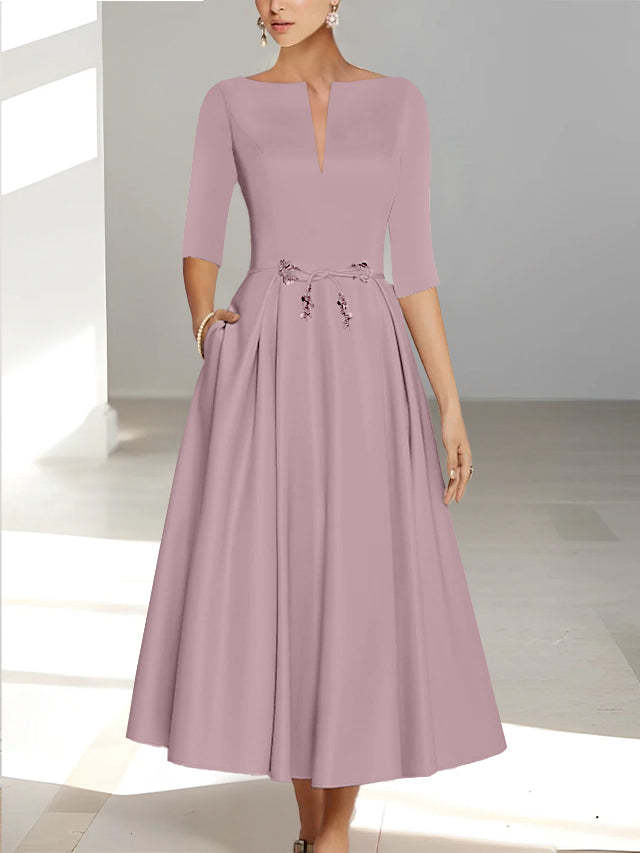 Ankle-Length Mother of the Bride A-Line Dress with Half Sleeves and Pockets