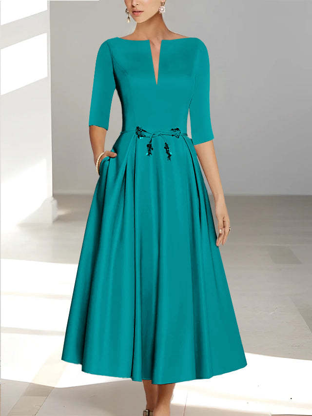 Ankle-Length Mother of the Bride A-Line Dress with Half Sleeves and Pockets
