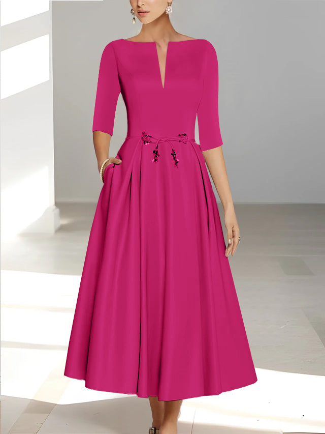 Ankle-Length Mother of the Bride A-Line Dress with Half Sleeves and Pockets