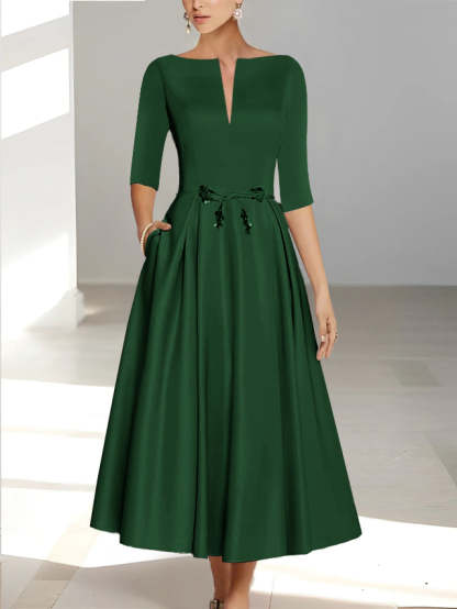 Ankle-Length Mother of the Bride A-Line Dress with Half Sleeves and Pockets
