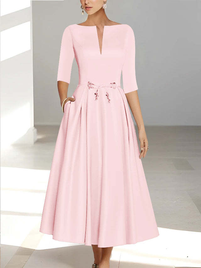 Ankle-Length Mother of the Bride A-Line Dress with Half Sleeves and Pockets