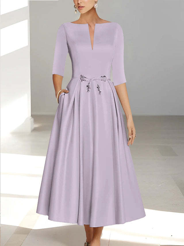 Ankle-Length Mother of the Bride A-Line Dress with Half Sleeves and Pockets