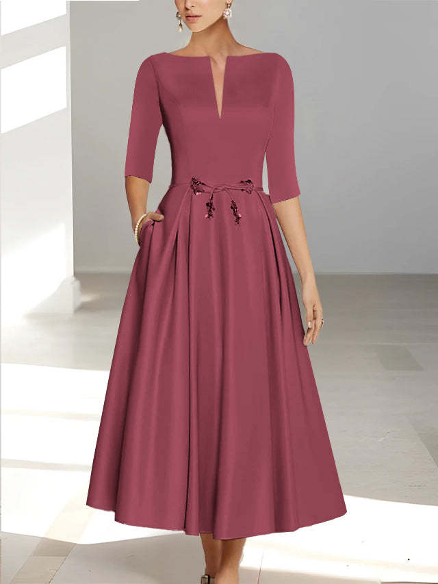 Ankle-Length Mother of the Bride A-Line Dress with Half Sleeves and Pockets