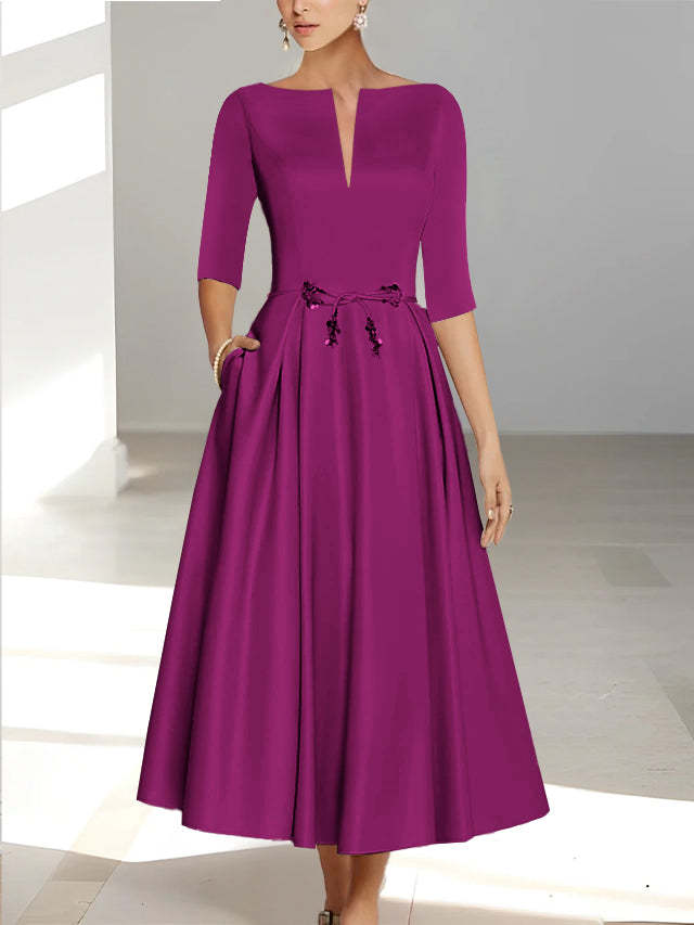 Ankle-Length Mother of the Bride A-Line Dress with Half Sleeves and Pockets